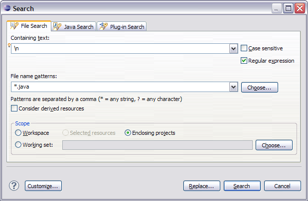 Eclipse search dialog